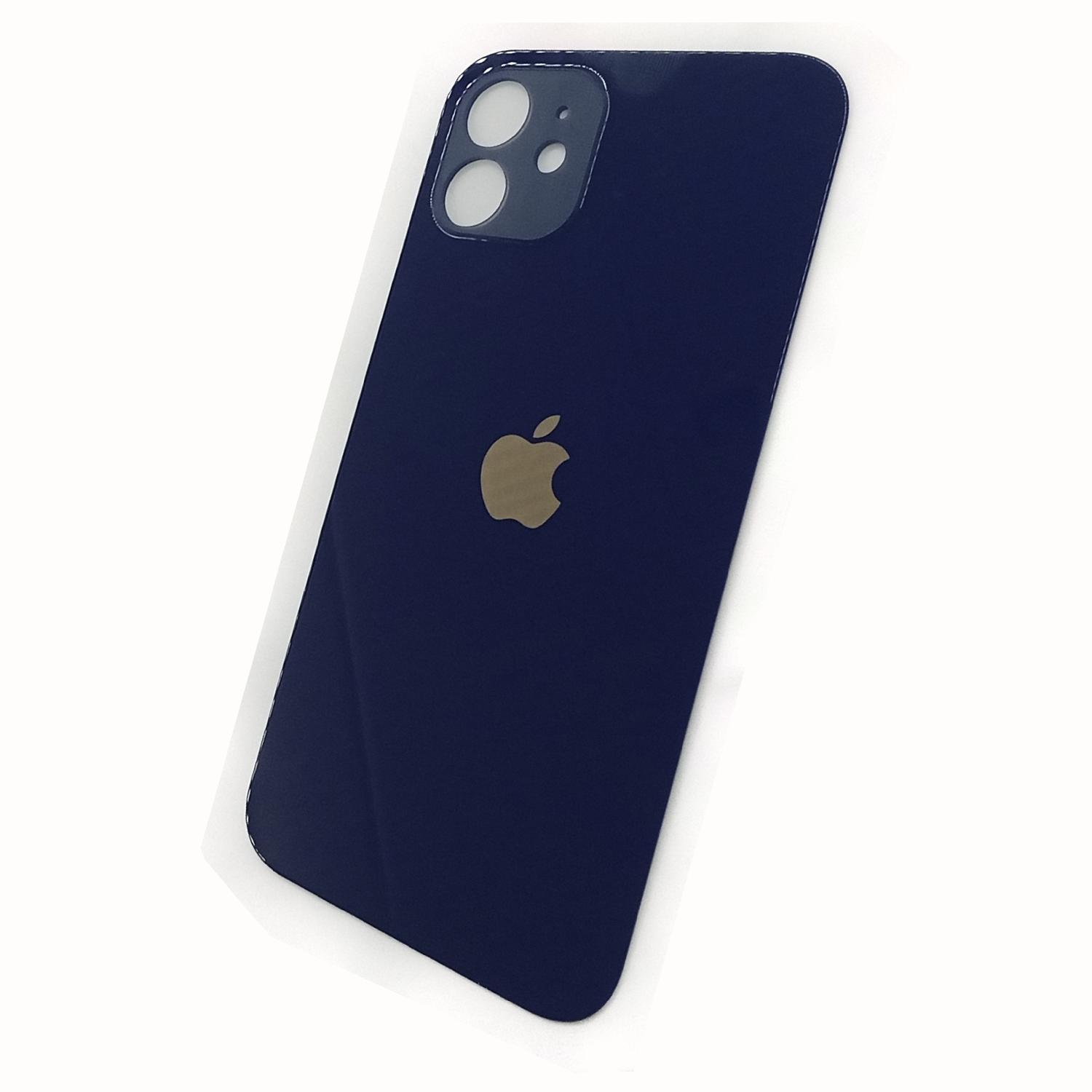 Задняя крышка телефона iPhone 12  (стекло) c увеличенным вырезом под камеру синяя
